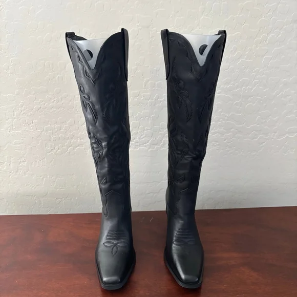 ISNOM Western Knee High Boots Embroidered Block Heel Black US 6.5 New with Box - Picture 5 of 15